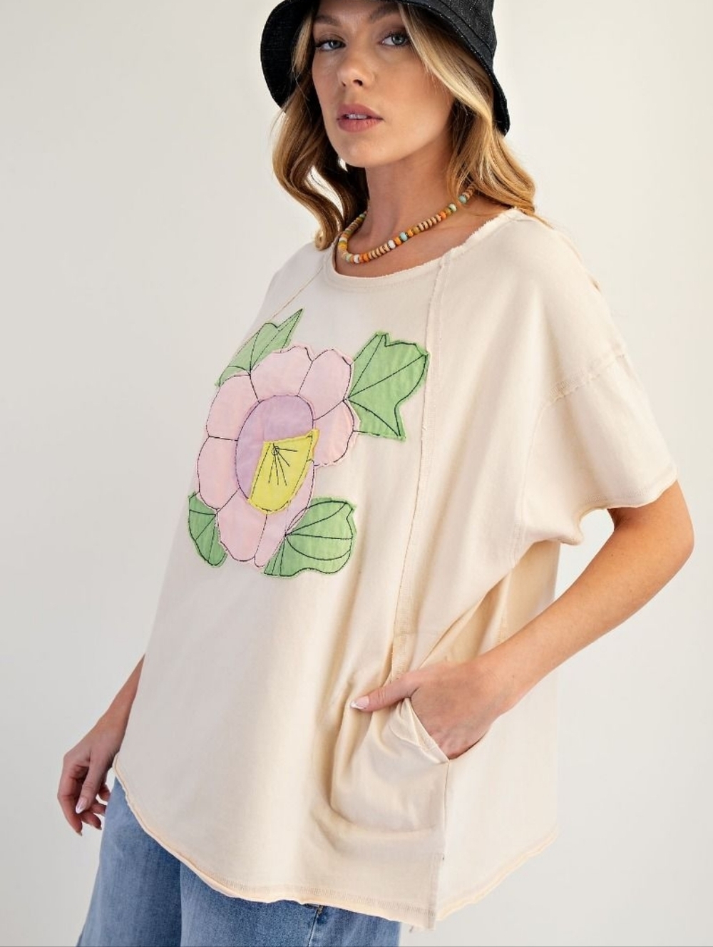 2-0411 EASEL flower Patch Cotton Mineral Washed Soft Top With Pockets Boutique - Picture 4 of 7
